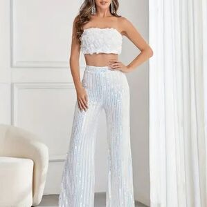 Elegant White Sequin Wide Leg Pants